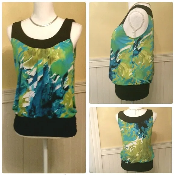 Iz Byer | Green Watercolor Sleeveless Career Top - Picture 1 of 7